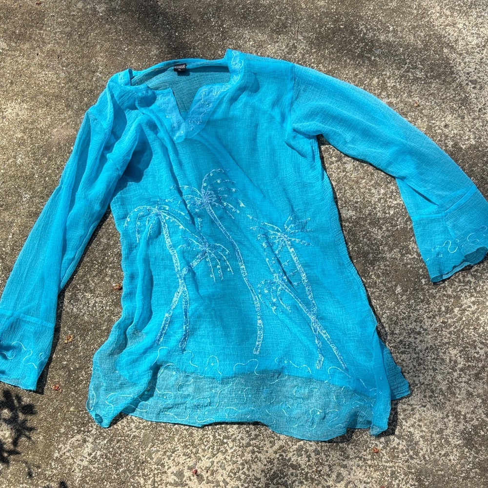 Turquoise Palm-Embroidered Women's Swim Coverup Tunic